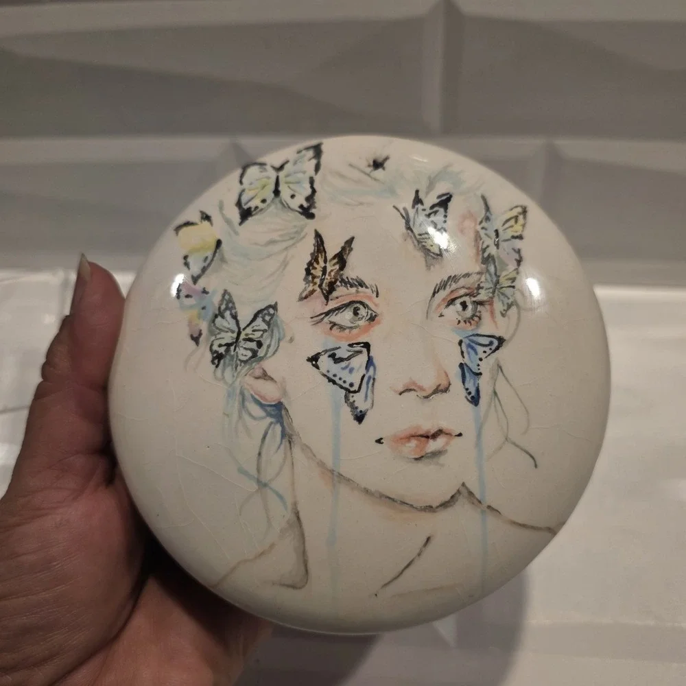 Love And Sacrifice Potrait Woman Adorned By Butterflies Hand Painted Trinket Box